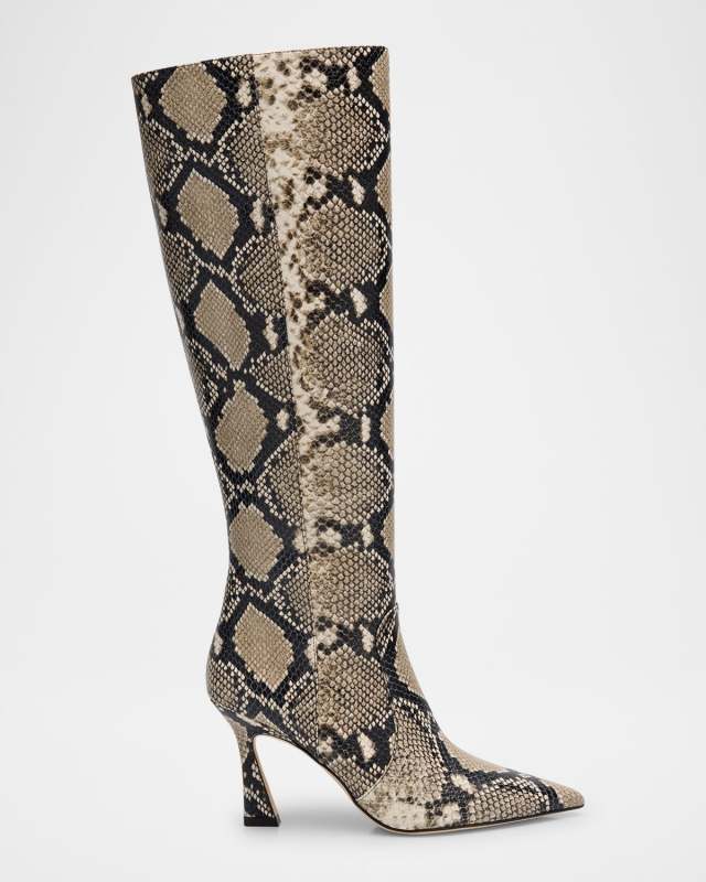 Vinnie Snake-Printed Leather Knee Boots